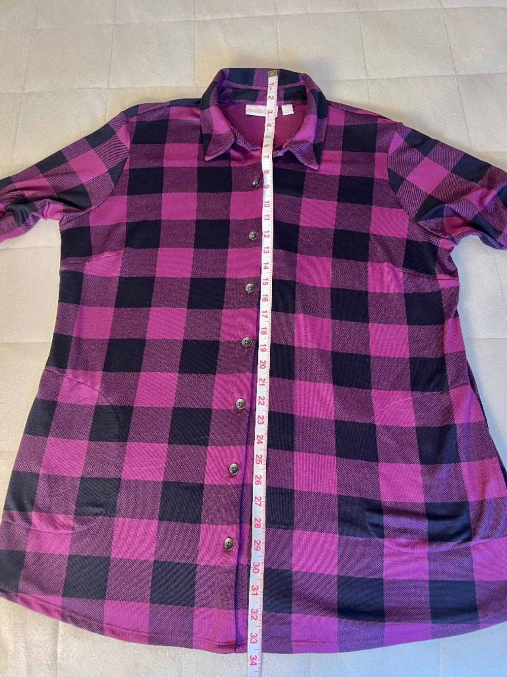 Super Soft, Belle by Kim Gravel Buffalo Plaid Tunic Top Pink Black Button Front - Picture 8 of 10